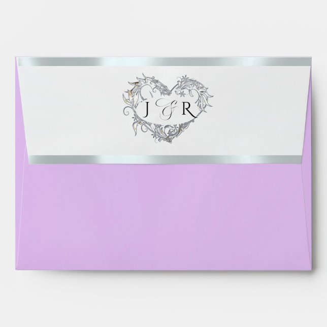 Heart Monogram & Flower- Lavender/Silver Wedding Envelope (Back (Top Flap))