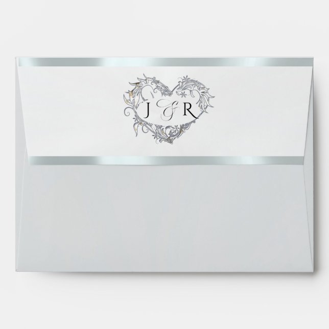 Heart Monogram & Flower- Silver/Silver Wedding Envelope (Back (Top Flap))
