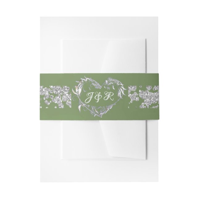 Heart Monogram & Glitter on Sage Invitation Belly Band (Front Example)