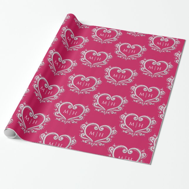 Heart monogram gold on berry red wedding wrapping paper (Unrolled)