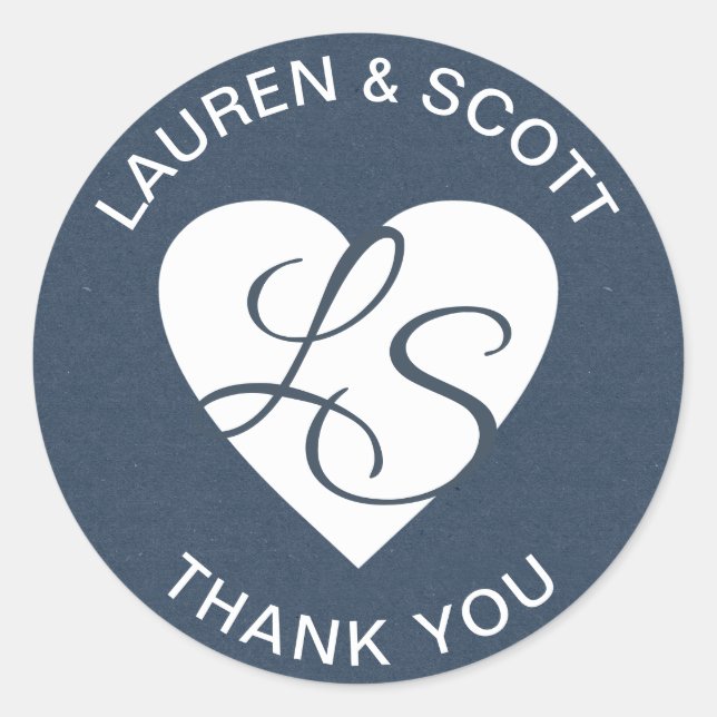 Heart Monogram Navy Blue and White Classic Round Sticker (Front)