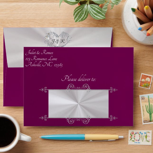 Heart & Monogram on Plum Wedding Envelope (Desk)