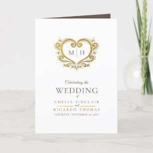 Heart monogram photo gold brown wedding program programme