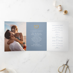 Heart monogram photo gold dusty blue wedding Tri-Fold programme