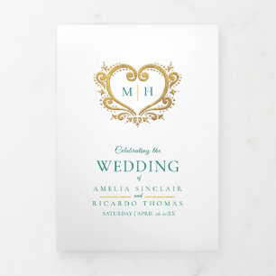 Heart monogram photo gold green wedding program Tri-Fold programme