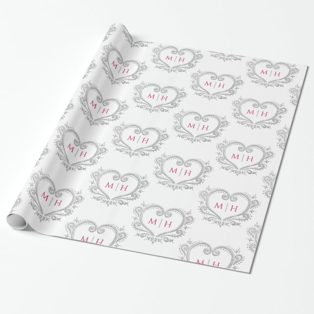 Heart monogram silver berry red white wedding wrapping paper (Unrolled)