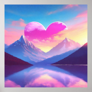 Heart & Mountain Sunset Landscape Art Poster