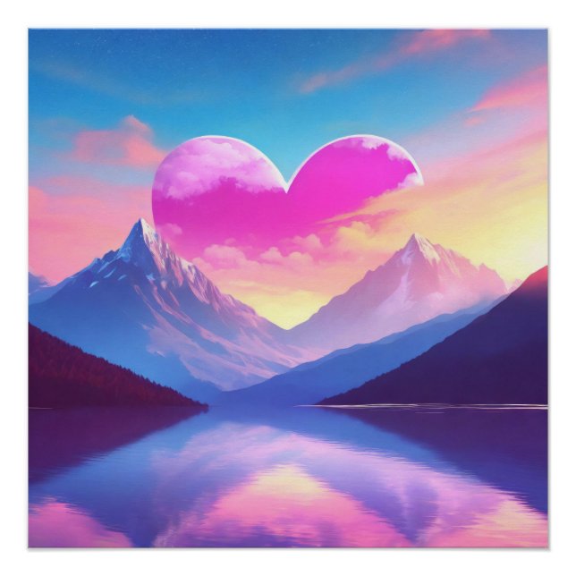Heart & Mountain Sunset Landscape Art Poster (Front)