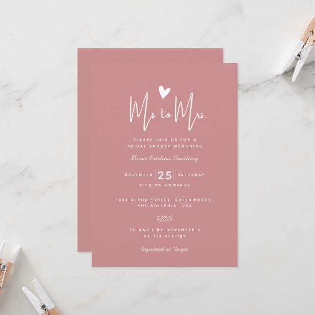 Heart Ms to Mrs Bridal Shower Puce Pink Invitation (Front/Back In Situ)