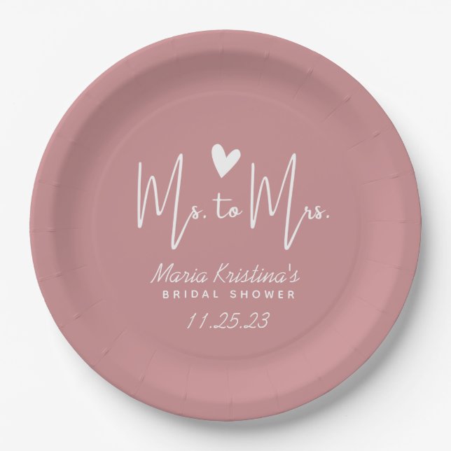 Heart Ms to Mrs Bridal Shower Puce Pink Paper Plate (Front)