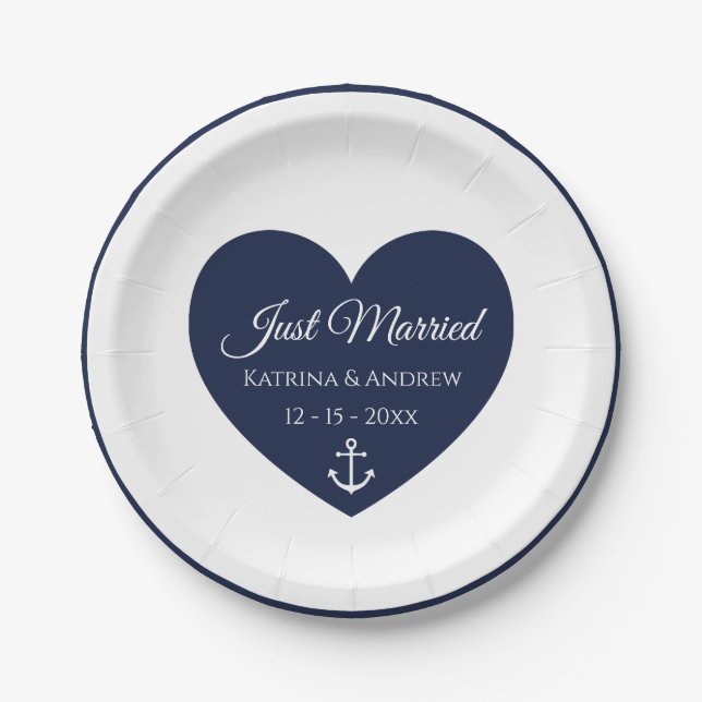 Heart Navy Blue Nautical Just Married Wedding Paper Plate (Front)