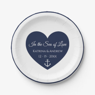 Heart Navy Blue White Anchor Nautical Wedding  Paper Plate