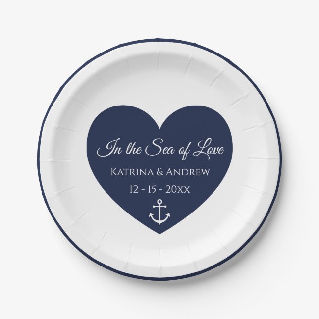 Heart Navy Blue White Anchor Nautical Wedding  Paper Plate (Front)