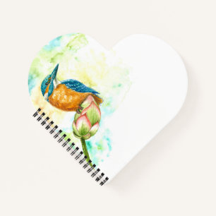 Heart Notebook with Watercolor Kingfisher on Lotus