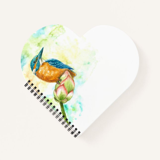 Heart Notebook with Watercolor Kingfisher on Lotus (Front)