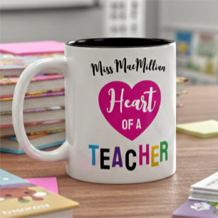 Heart of a Teacher Gift Pink Black Script Two-Tone Coffee Mug
