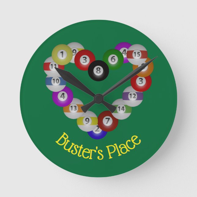 Heart of Billiard Balls Pool Shooter Round Clock (Front)