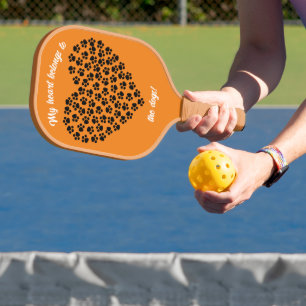 Heart of Black Paw Prints Double Sided Orange Pickleball Paddle