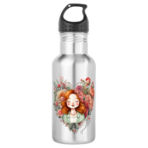 Heart of Blooms - Woman Framed in Floral Heart 532 Ml Water Bottle