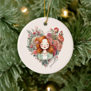 Heart of Blooms - Woman Framed in Floral Heart Ceramic Tree Decoration