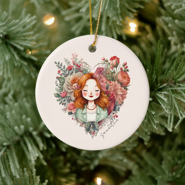 Heart of Blooms - Woman Framed in Floral Heart Ceramic Tree Decoration (Tree)