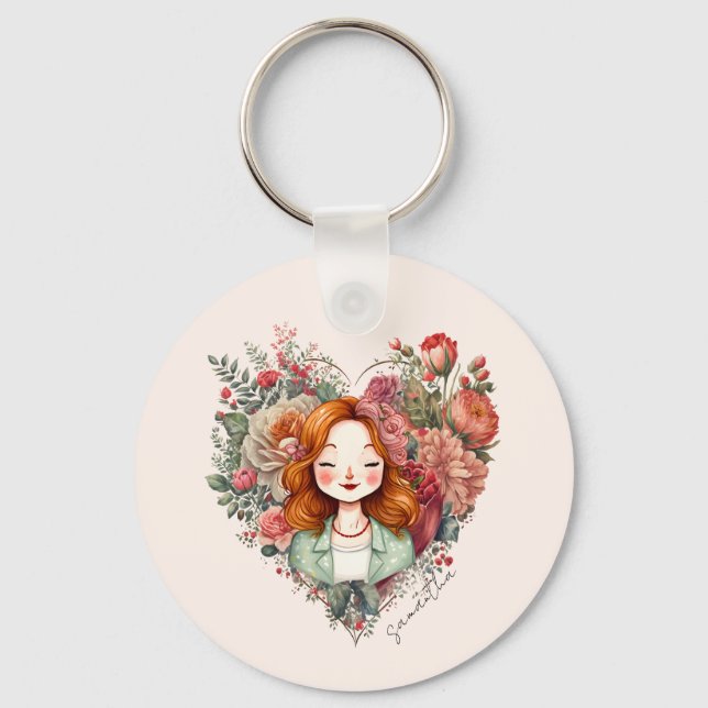 Heart of Blooms - Woman Framed in Floral Heart Key Ring (Front)