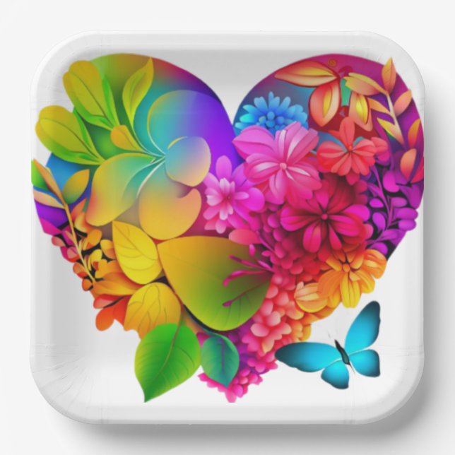 Heart of Flowers: A Colourful Floral Design Paper Plate (Front)
