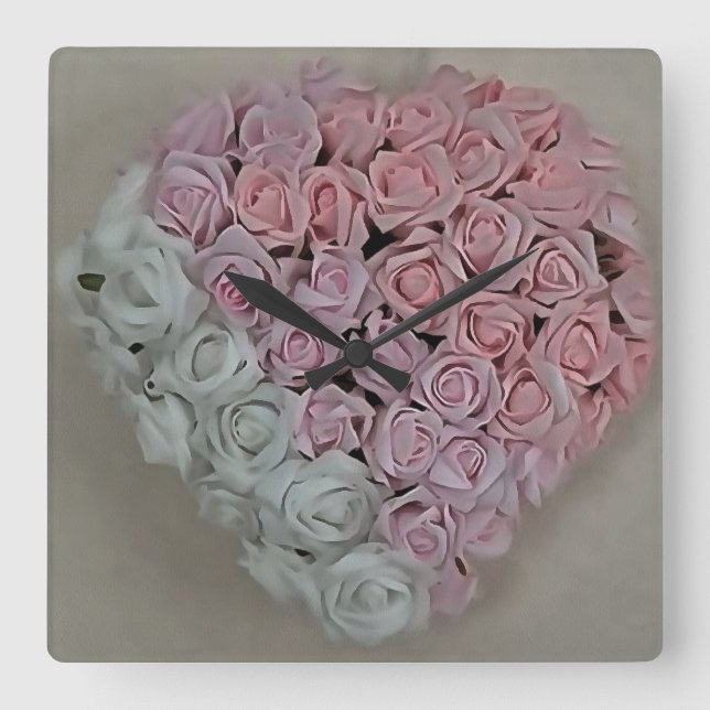 Heart Of Pink and White Roses Square Wall Clock (Front)