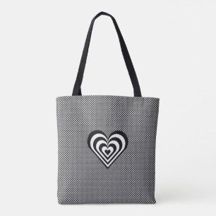 Heart on black and white chess pattern tote bag