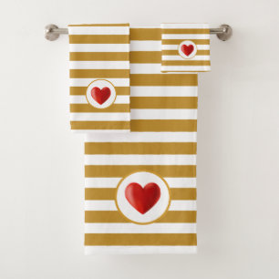 Heart on Golden & White Striped Bath Towel Set