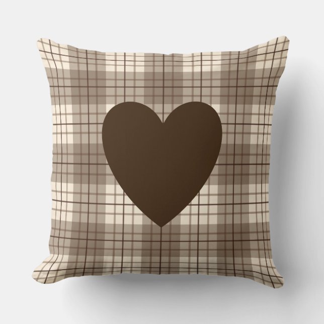 Heart on Plaid Browns & Cream Cushion (Front)