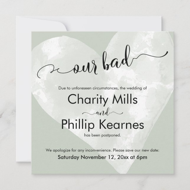 Heart on Sage Green Our Bad Postponed Wedding Card (Front)