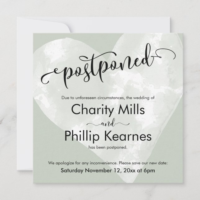 Heart on Sage Green Postponed Wedding Announcement (Front)