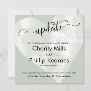Heart on Sage Green Update Postponed Wedding Card