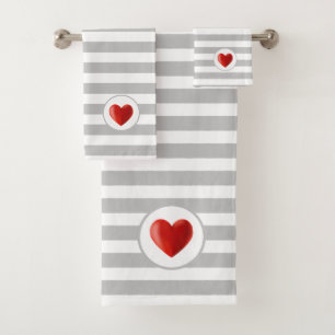 Heart on Silver Grey & White Striped Bath Towel Set