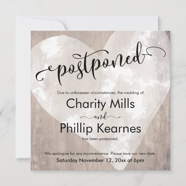 Heart on Wood Calligraphy Postponed Wedding Card (Front)