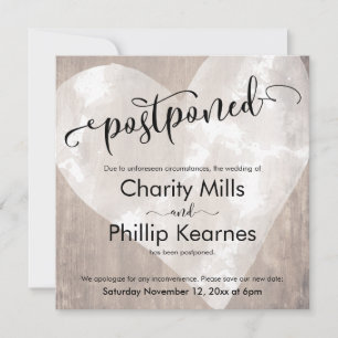 Heart on Wood Calligraphy Postponed Wedding Card