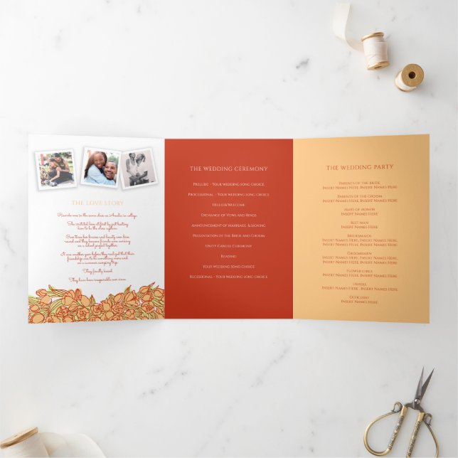 Heart orange tulips ink story dedication wedding Tri-Fold programme (Inside)