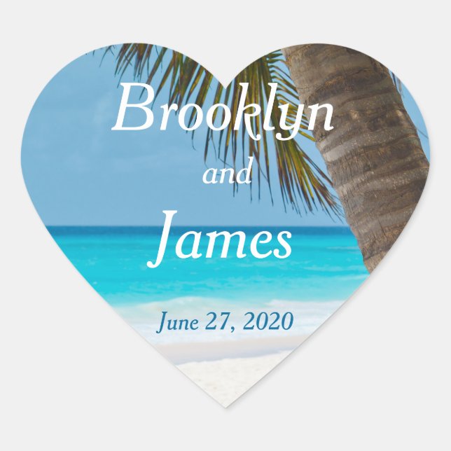 Heart Palm Trees On Beach Wedding Stickers (Front)