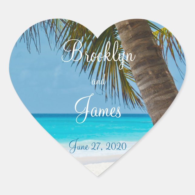 Heart Palm Trees On Beach Wedding Stickers (Front)