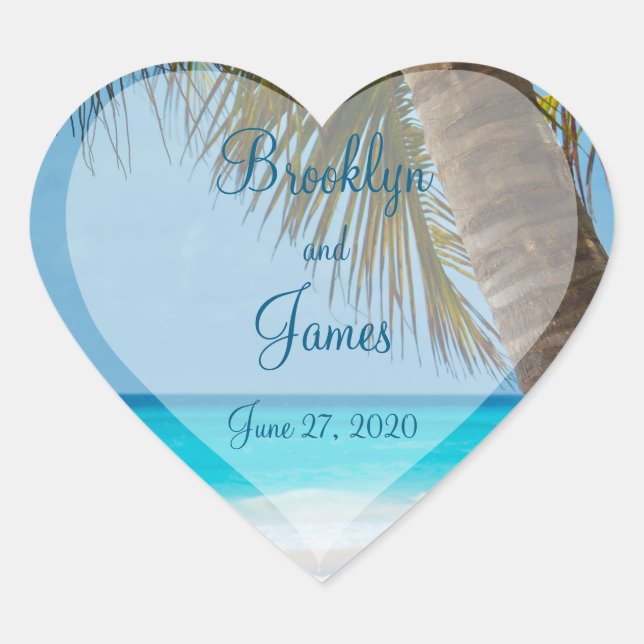 Heart Palm Trees On Beach Wedding Stickers (Front)
