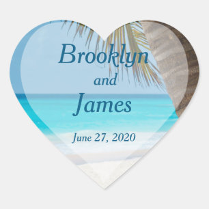 Heart Palm Trees On Beach Wedding Stickers