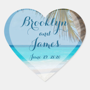 Heart Palm Trees On Beach Wedding Stickers