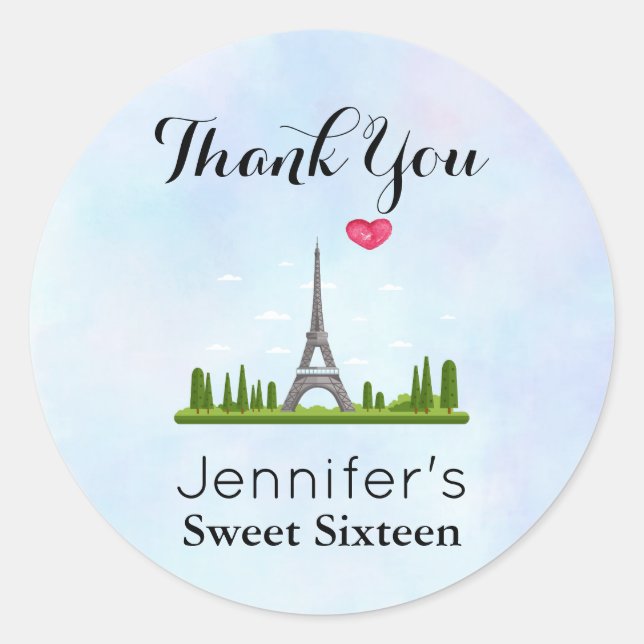 Heart Paris with Eiffel Tower Birthday Party Classic Round Sticker (Front)
