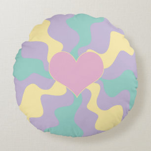 Heart - Pastel Pink, Yellow, Purple and Green Round Cushion