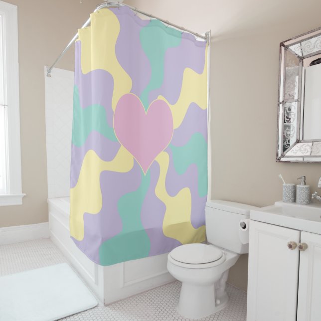 Heart - Pastel Pink, Yellow, Purple and Green Shower Curtain (In Situ)