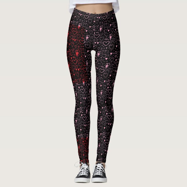 Heart pattern 01.Red.Pink.b Black BG Leggings (Front)