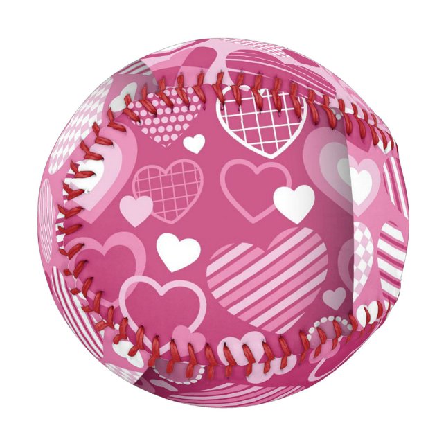  Heart Pattern Baseball (A vibrant pink baseball adorned with various heart patterns in a bright cheerful setting.)