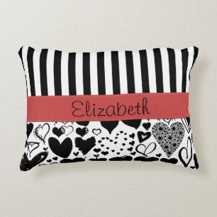 Heart Pattern, Black Hearts, Stripes, Your Name Decorative Cushion