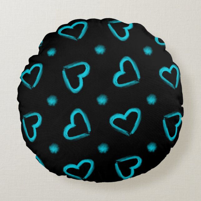 Heart Pattern in Blue & Black Round Cushion (Front)